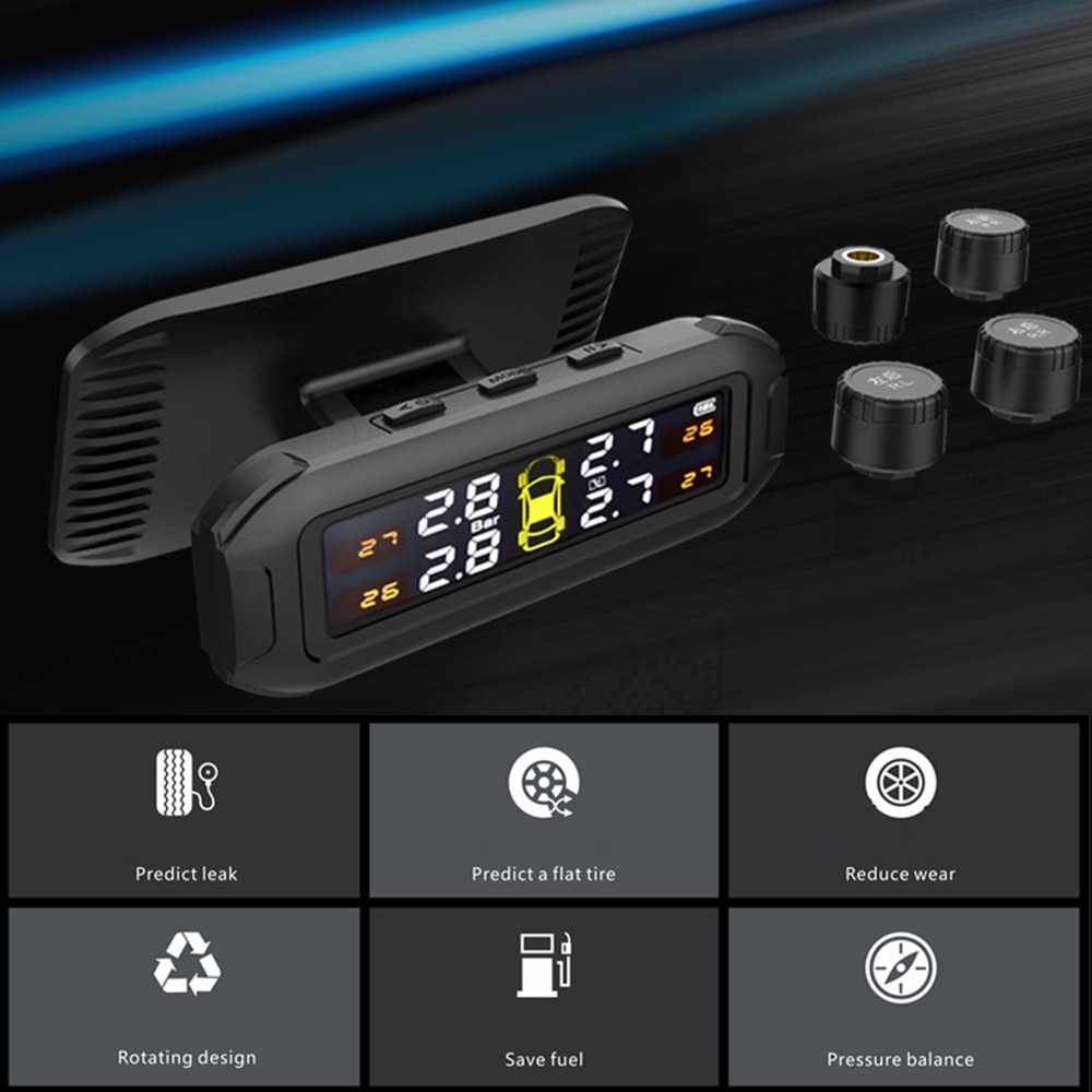 Solar TPMS Tire Pressure Monitoring System Temperature Warning Fuel Save Car Tyre Pressure Monitor With 4 External Sensors