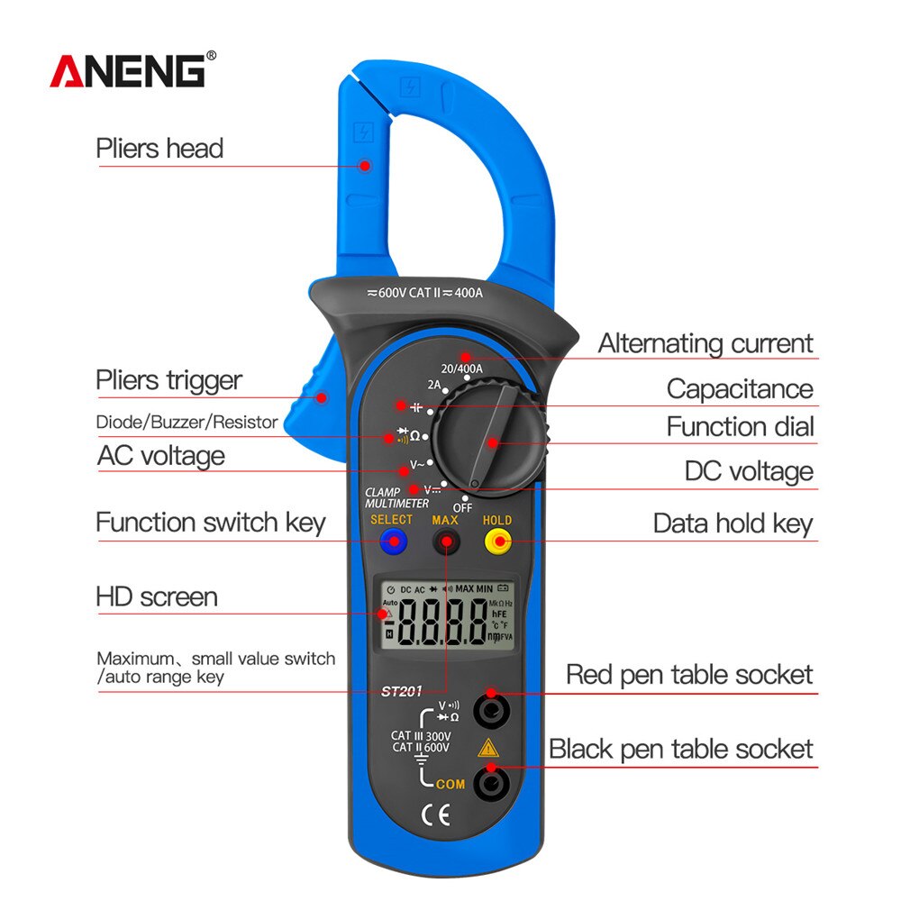 ANENG ST201 Professional Digital 1999 Count Clamp Multimeter ACDC Ammeter Transistor Capacitor Auto Voltage Tester Electric