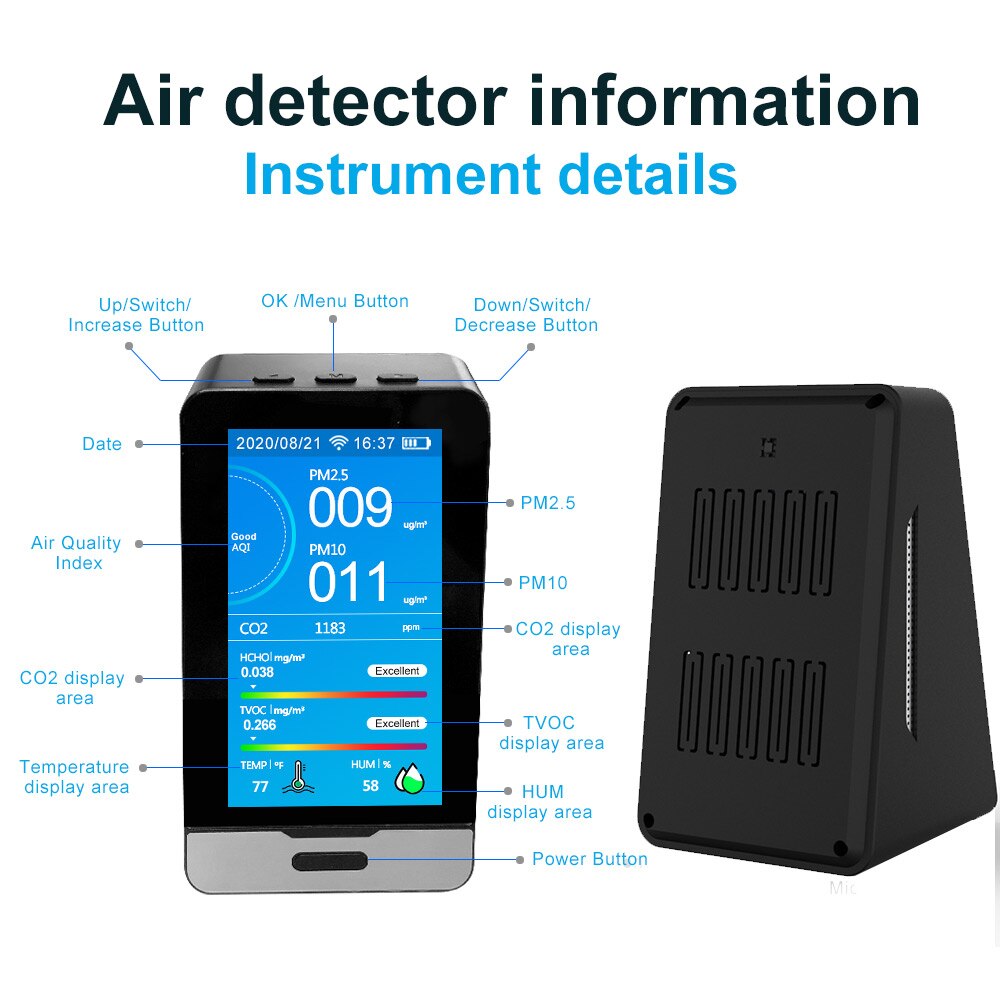 WIFI 4.3 Inch LED Display Intelligent CO2 HCHO TOVC Gas Detector PM2.5 PM1.0 PM10 Temperature Humidity Air quality Monitor