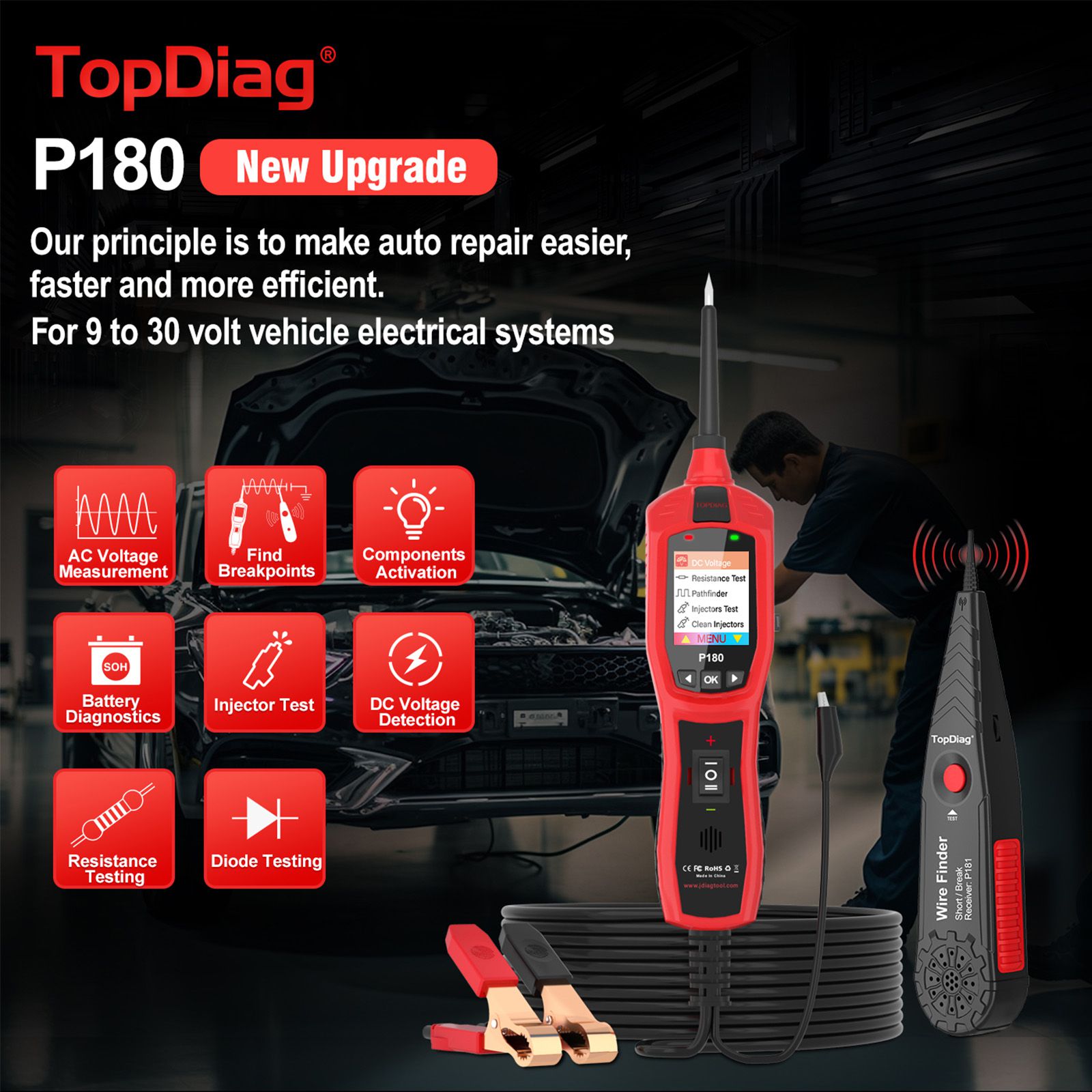 TopDiag P180 for 9-30 Volts Vehicle Electrical System Daignostics Injectors Test Support Cars, Pickups, SUVs, Motorcycles, Excavators, Steamships,