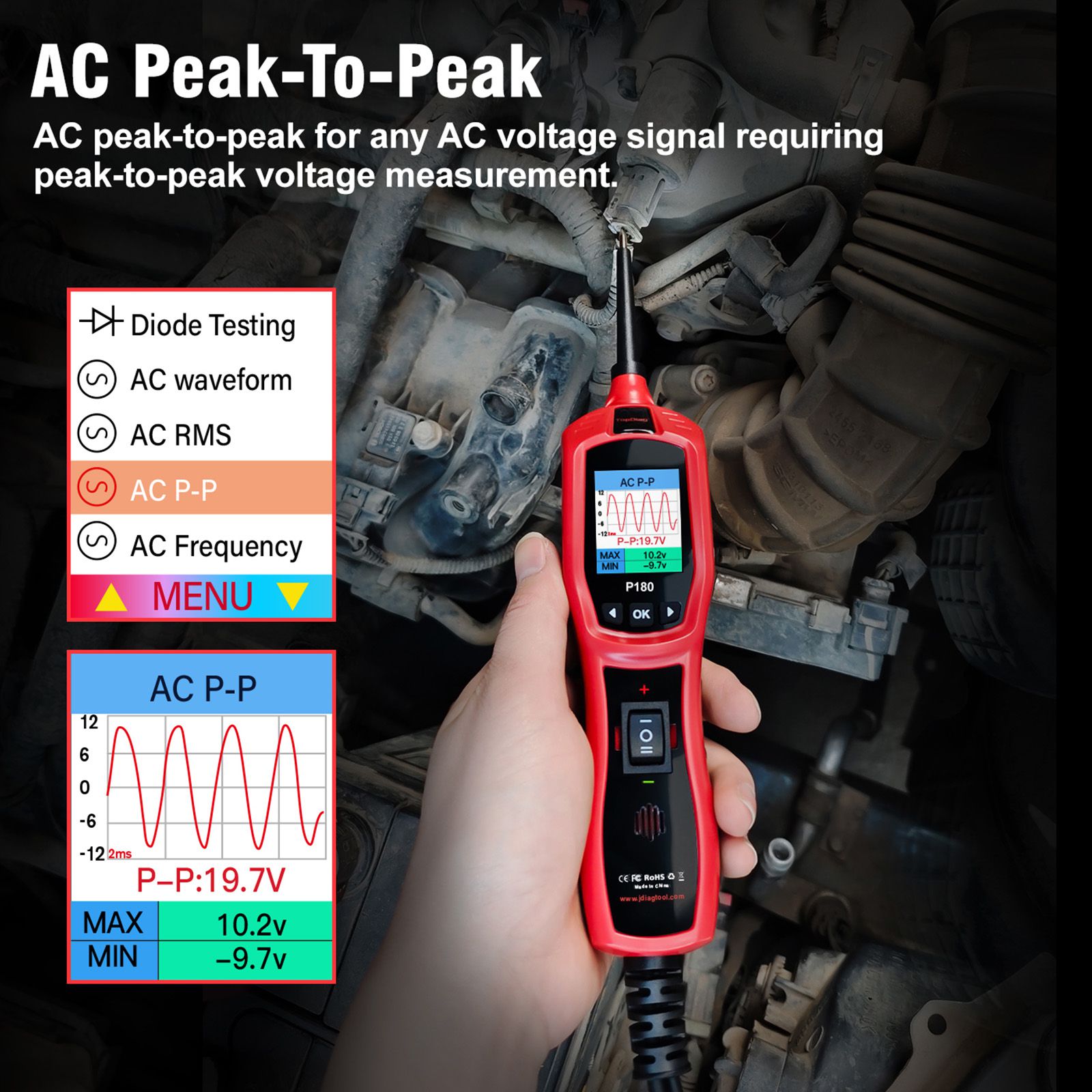 TopDiag P180 for 9-30 Volts Vehicle Electrical System Daignostics Injectors Test Support Cars, Pickups, SUVs, Motorcycles, Excavators, Steamships,