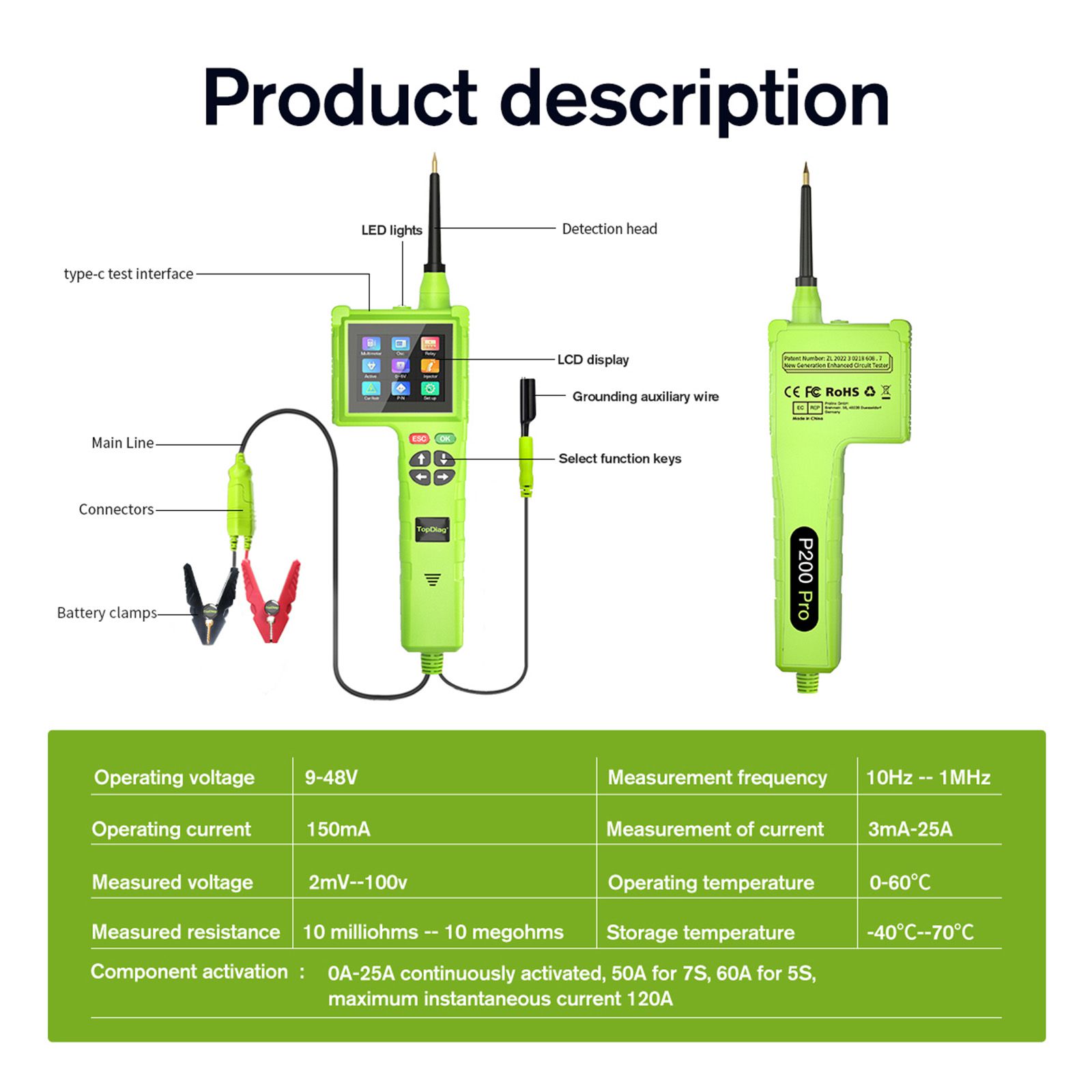 TOPDIAG P200 Pro P200Pro New Generation of Intelligent Circuit Detectors for all 9V-48V for Car Truck Boat