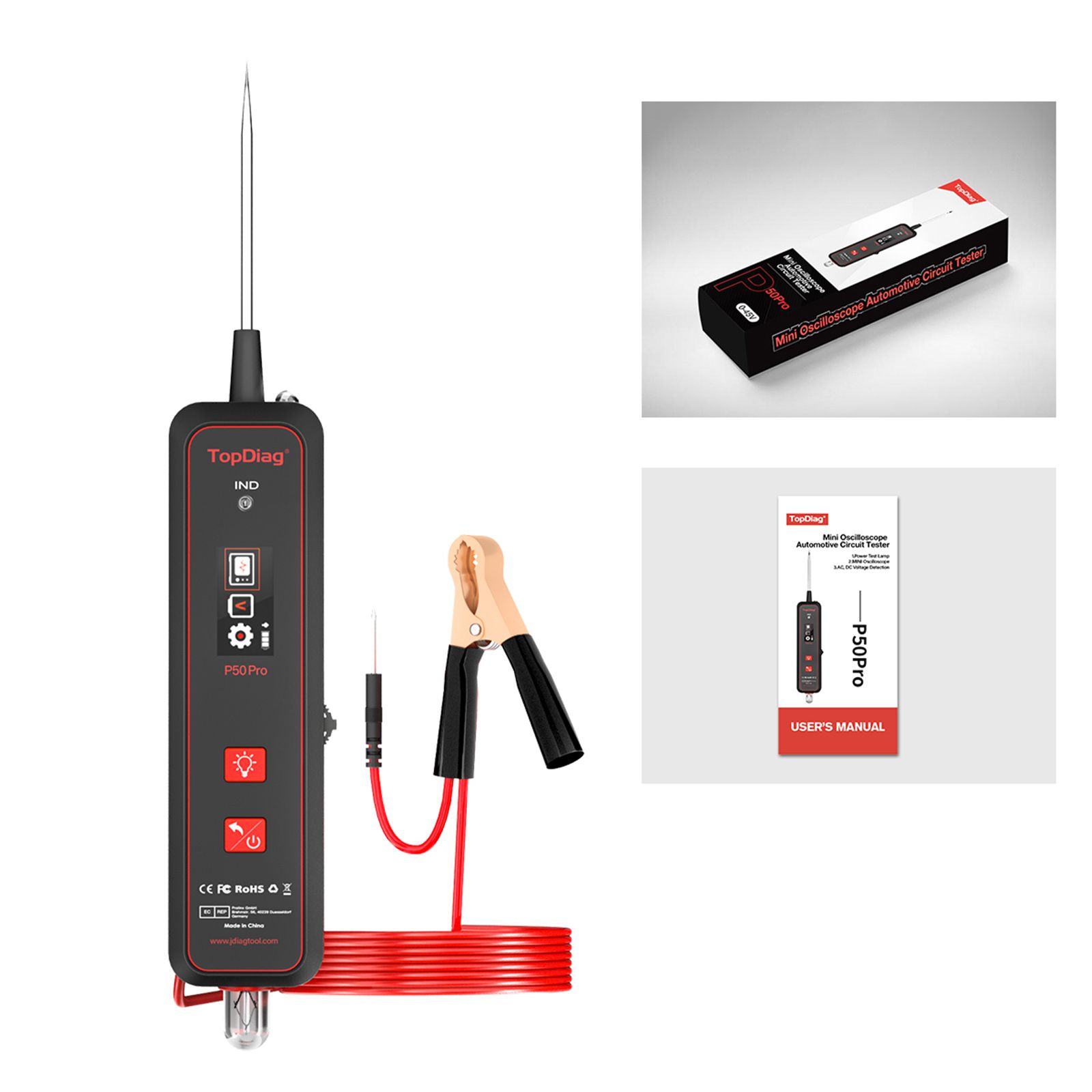 TopDiag P50Pro Mini Oscilloscope Automotive Circuit Tester Detect Sensor Signals AC/DC Detection LED Test Light