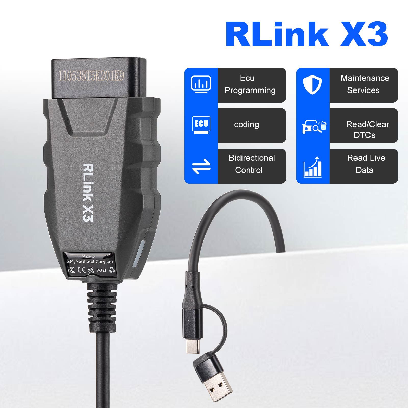 2025 TOPDON RLink X3 J2534 Pass-thru Programmer for US Vehicle Brands for GM, Ford, and Chrysler