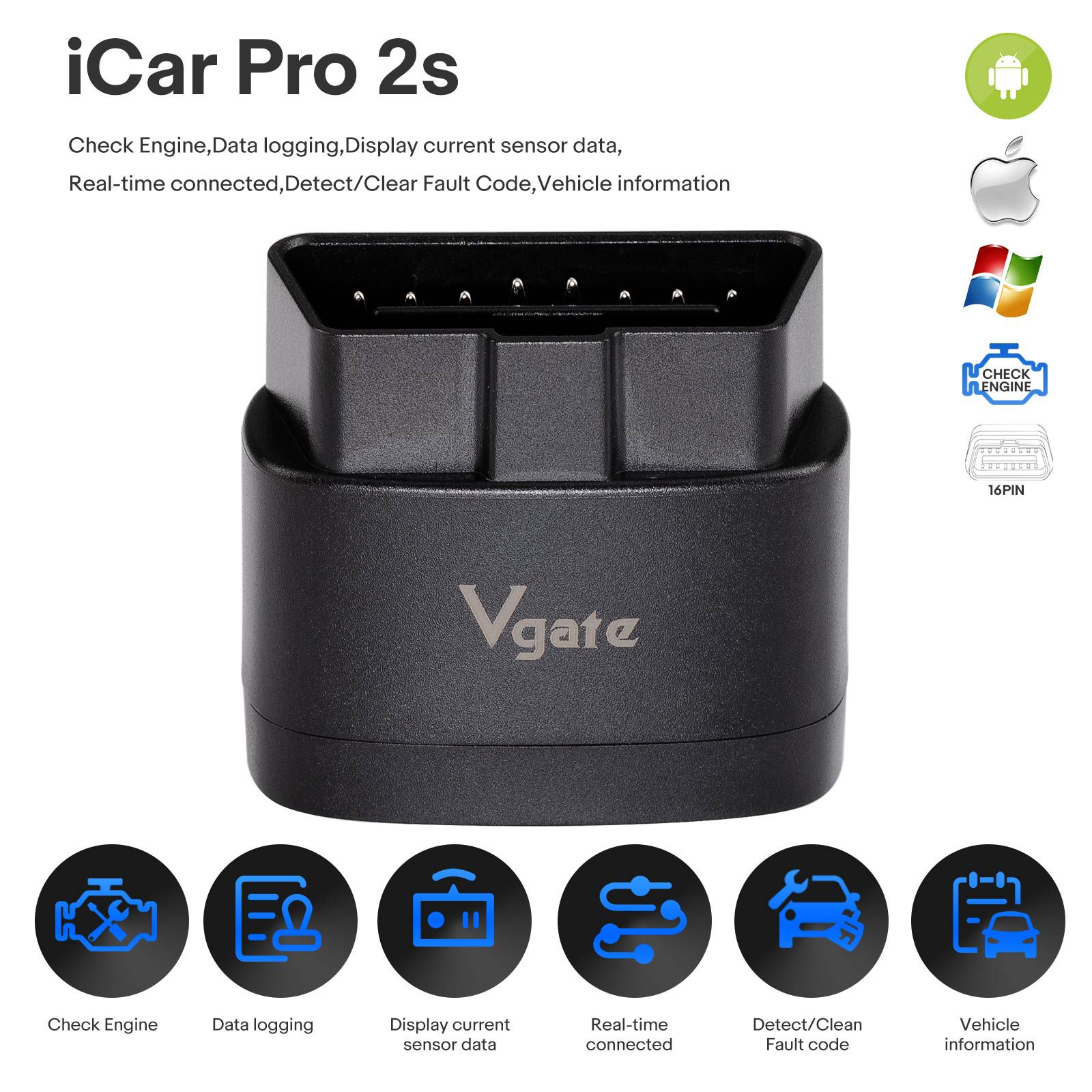 Vgate iCar Pro 2S Bluetooth OBD-II Diagnostic Adapter Work on iOS/Android/Windows for OBD2/EOBD Vehicles