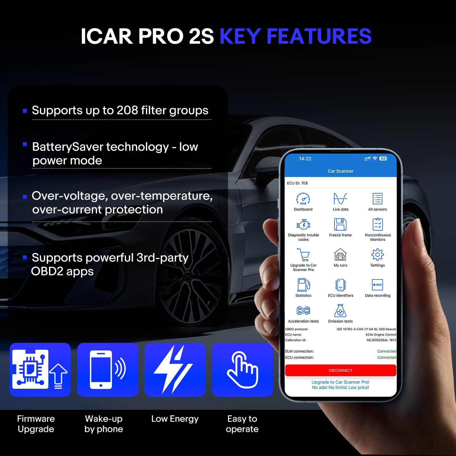 Vgate iCar Pro 2S Bluetooth OBD-II Diagnostic Adapter Work on iOS/Android/Windows for OBD2/EOBD Vehicles
