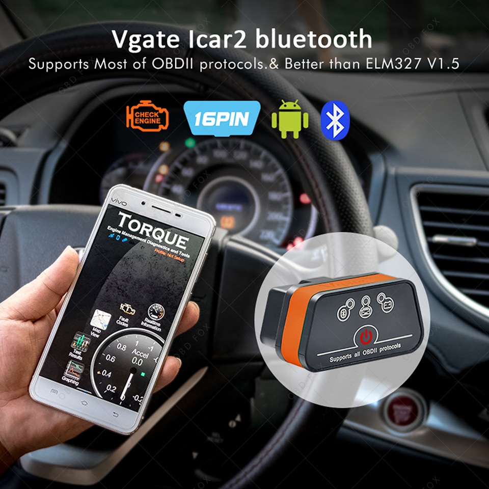 Vgate Icar2 Bluetooth BT3.0 ELM327 V2.1 Code Reader OBD2 Scanner ELM 327 icar 2 Diagnostic Tool Android/PC Torque for OBDII Vehicles