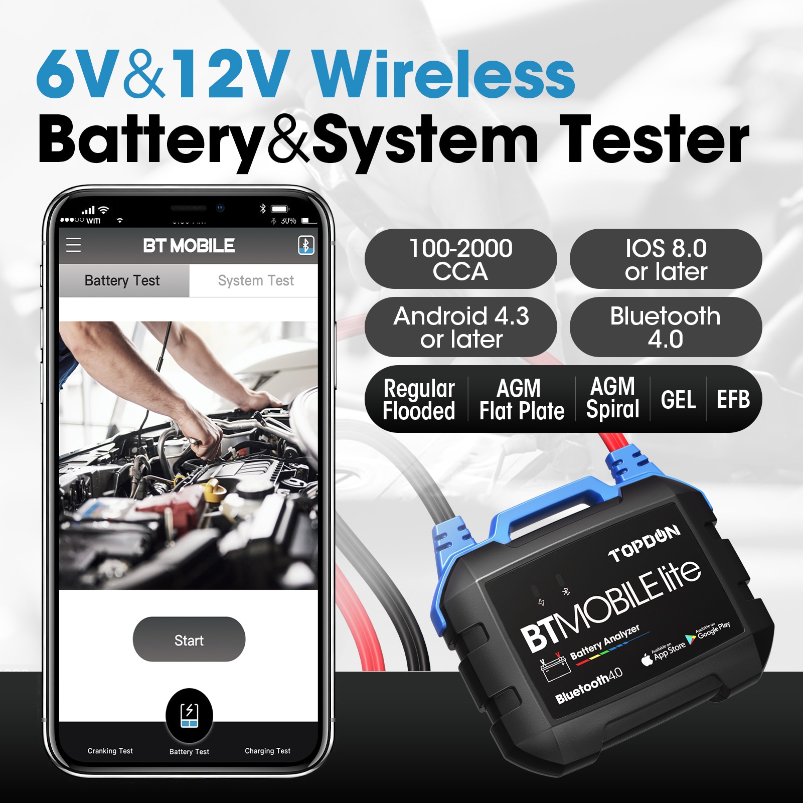 Wireless Car Battery Tester TOPDON BT Mobile Lite Bluetooth 100 -2000CCA Voltage Battery Tester Charger Analyzer Car Repair Tool