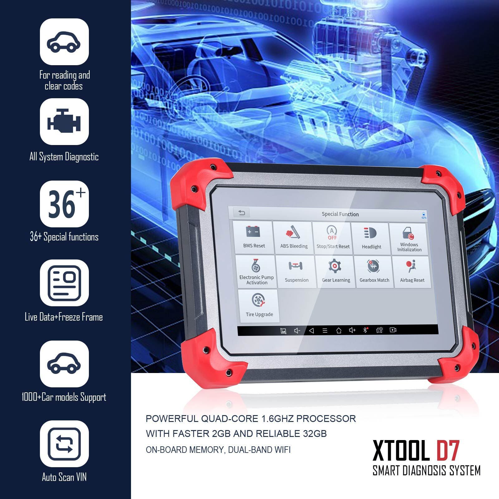 XTOOL D7 Automotive Diagnostic Tool Bi-Directional Support OE-Level Full Diagnosis with 36+ Services IMMO/Key Programming ABS Bleeding