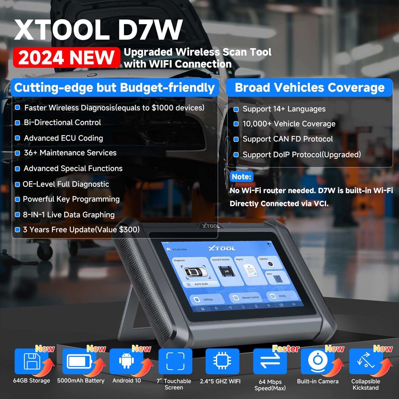 2024 XTOOL D7W D7WIFI Bi-directional All Systems Diagnostic & Key Programmer Support ECU Coding CAN FD & DOIP 40+ Services