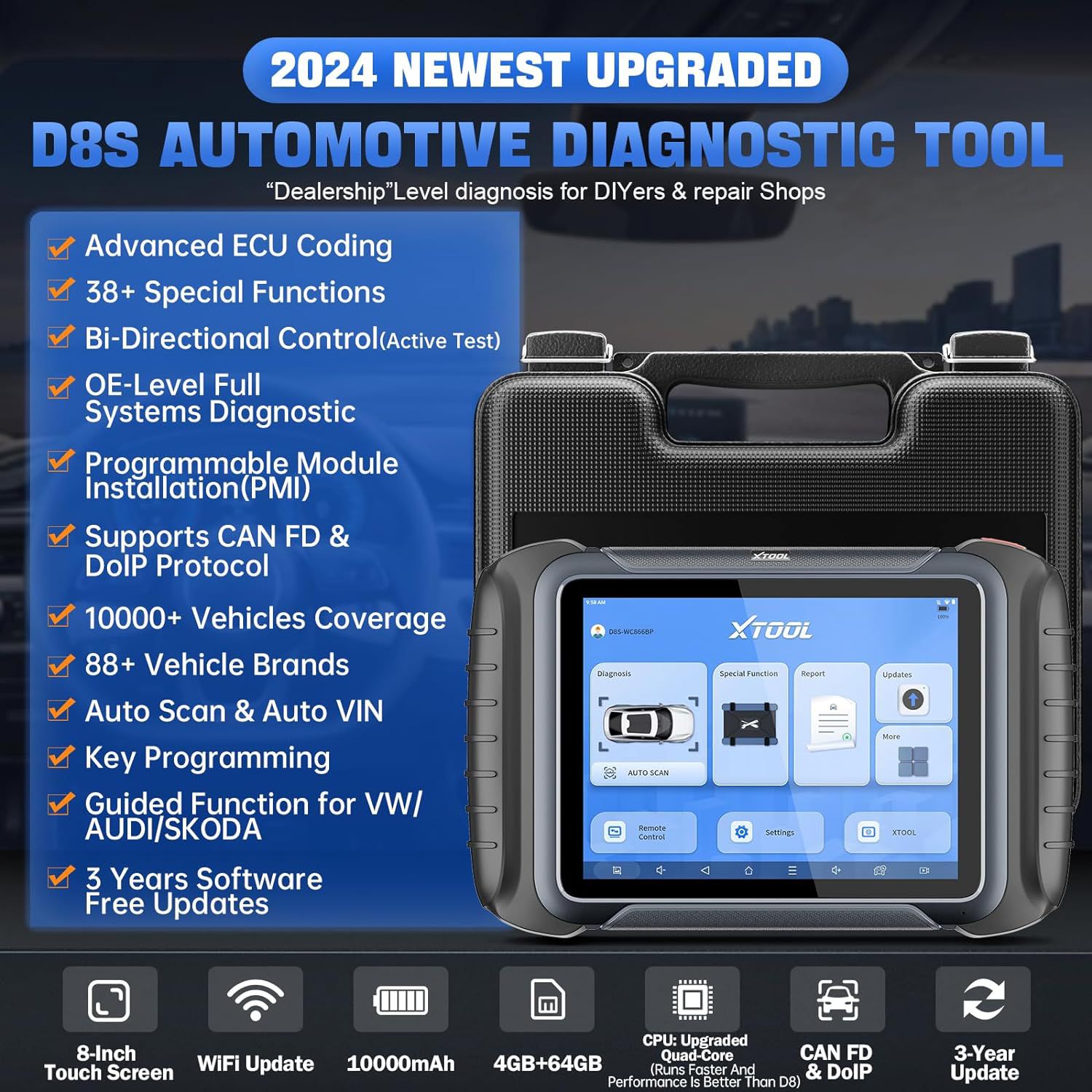 2024 Newest XTOOL D8S Bi-Directional Diagnostic Scan Tool CAN FD & DoIP, ECU Coding, Topology, Key Programming, Full Diagnostics, Upgraded Ver. of D8