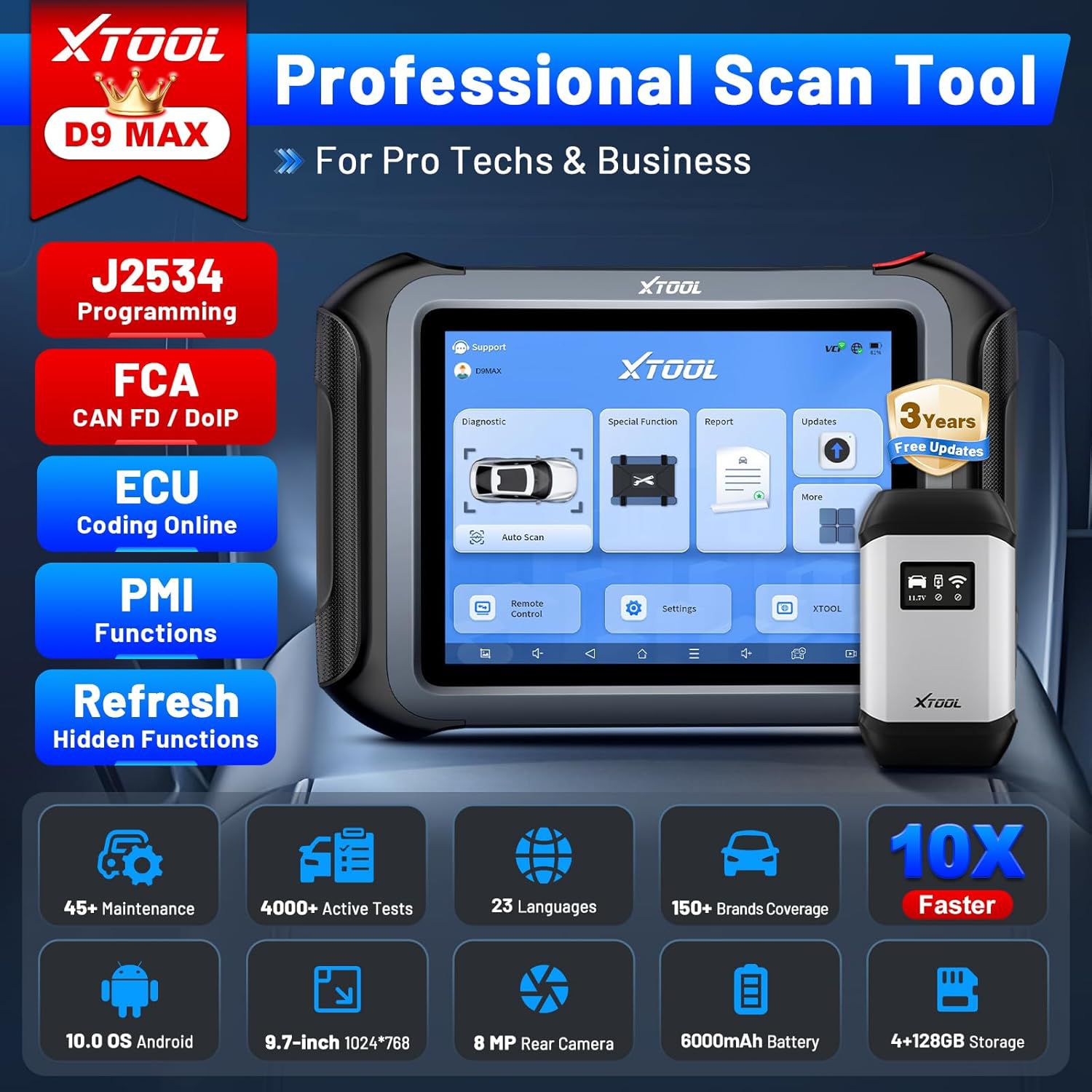 XTOOL D9 MAX Professional Diagnostic Scanner with J2534 Topology Mapping, ECU Coding, FCA/DoIP/CAN FD, ADAS Calibration, 45+ Relearns, 3-Year Update