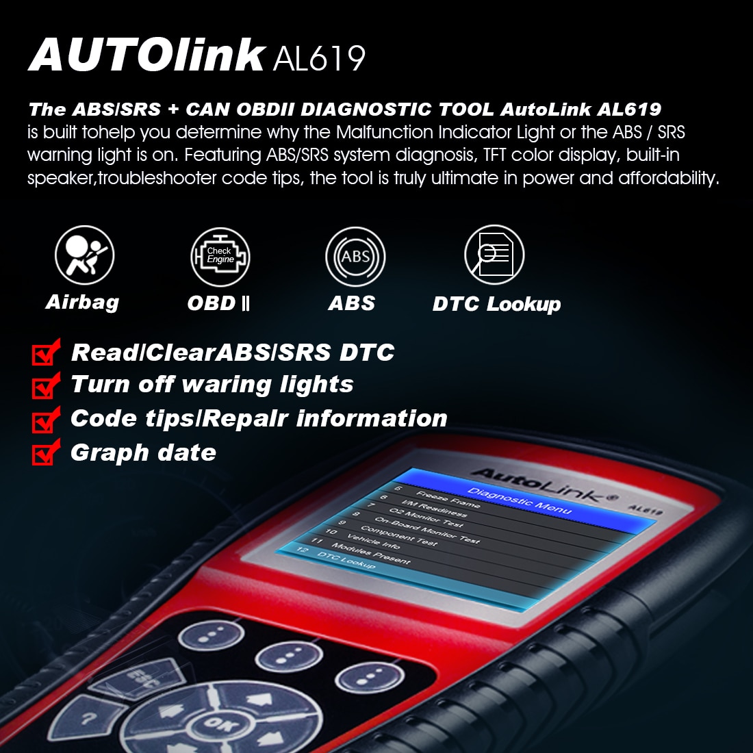 100% Original Autel AutoLink AL619 OBDII CAN ABS And SRS