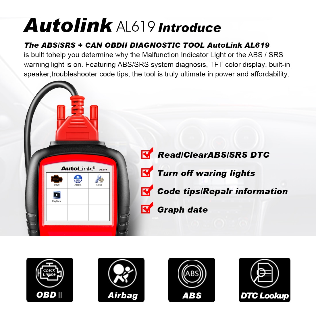 100% Original Autel AutoLink AL619 OBDII CAN ABS And SRS