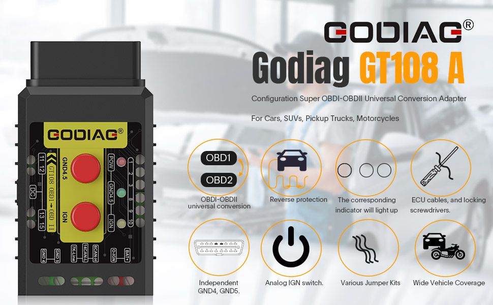 Godiag GT108 A Configuration Super OBDI-OBDII Universal Conversion Adapter For Cars, SUVs, Pickup Trucks, Motorcycles