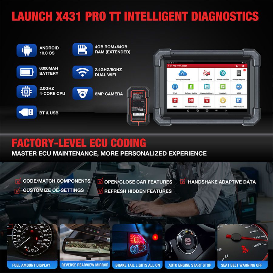 LAUNCH X431 PRO TT Bidirectional Scan Tool with DBSCar VII Connector 37+ Reset ECU Online Coding CANFD Key IMMO