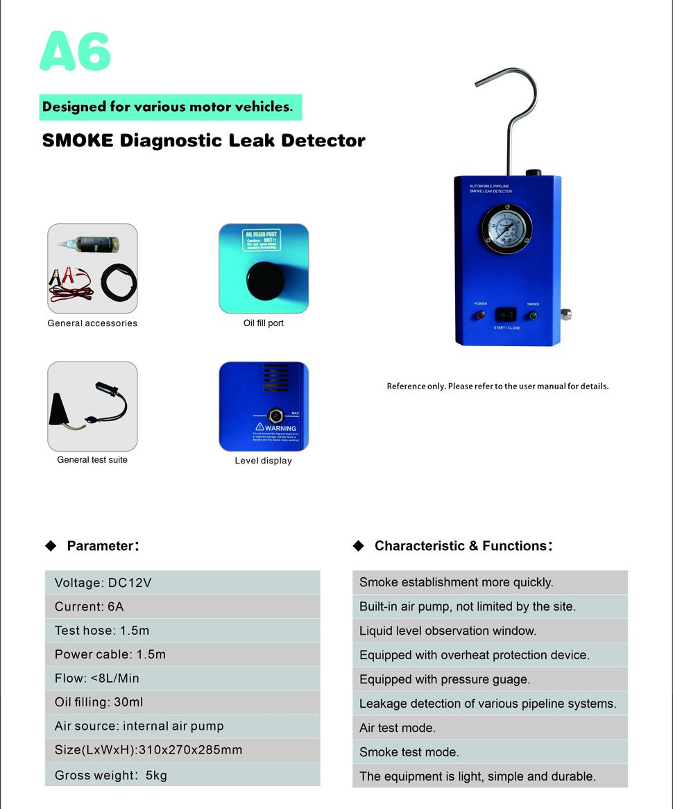 OEM A6 Automobile Pipeline Smoke Leak Detector with Pressure Gauge Test Leak in Vehicle Pipe Systems for Cars, Motorcycles, Snowmobiles, ATV, Boats