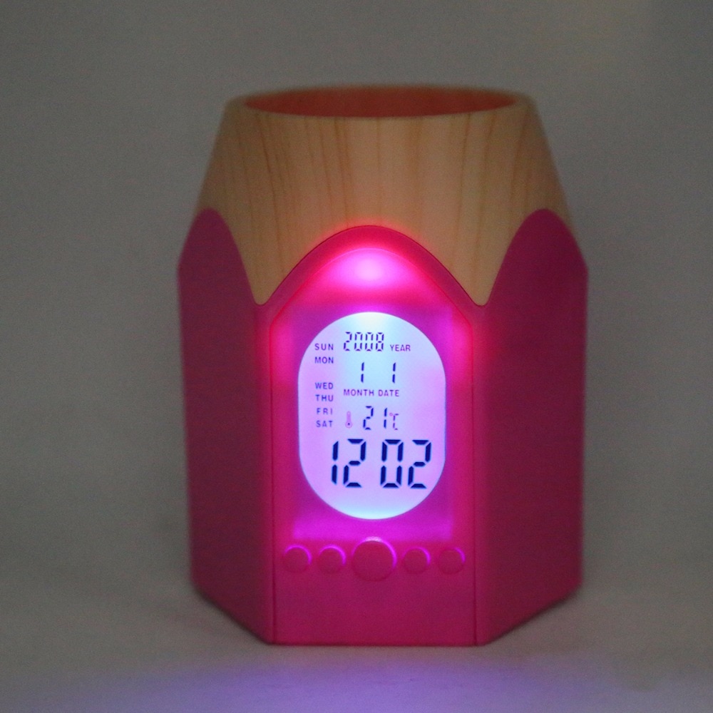 Office Pen Holder Digital Thermometer Clock