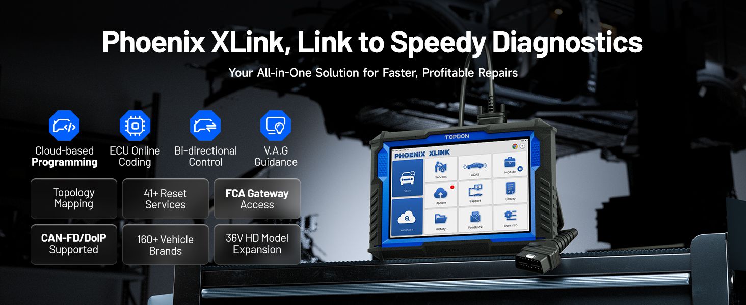 TOPDON Phoenix XLink Scanner Support ECU Coding Topology Mapping CAN-FD & DoIP, Full System Bidirectional Scanner 41+ Maintenance Services